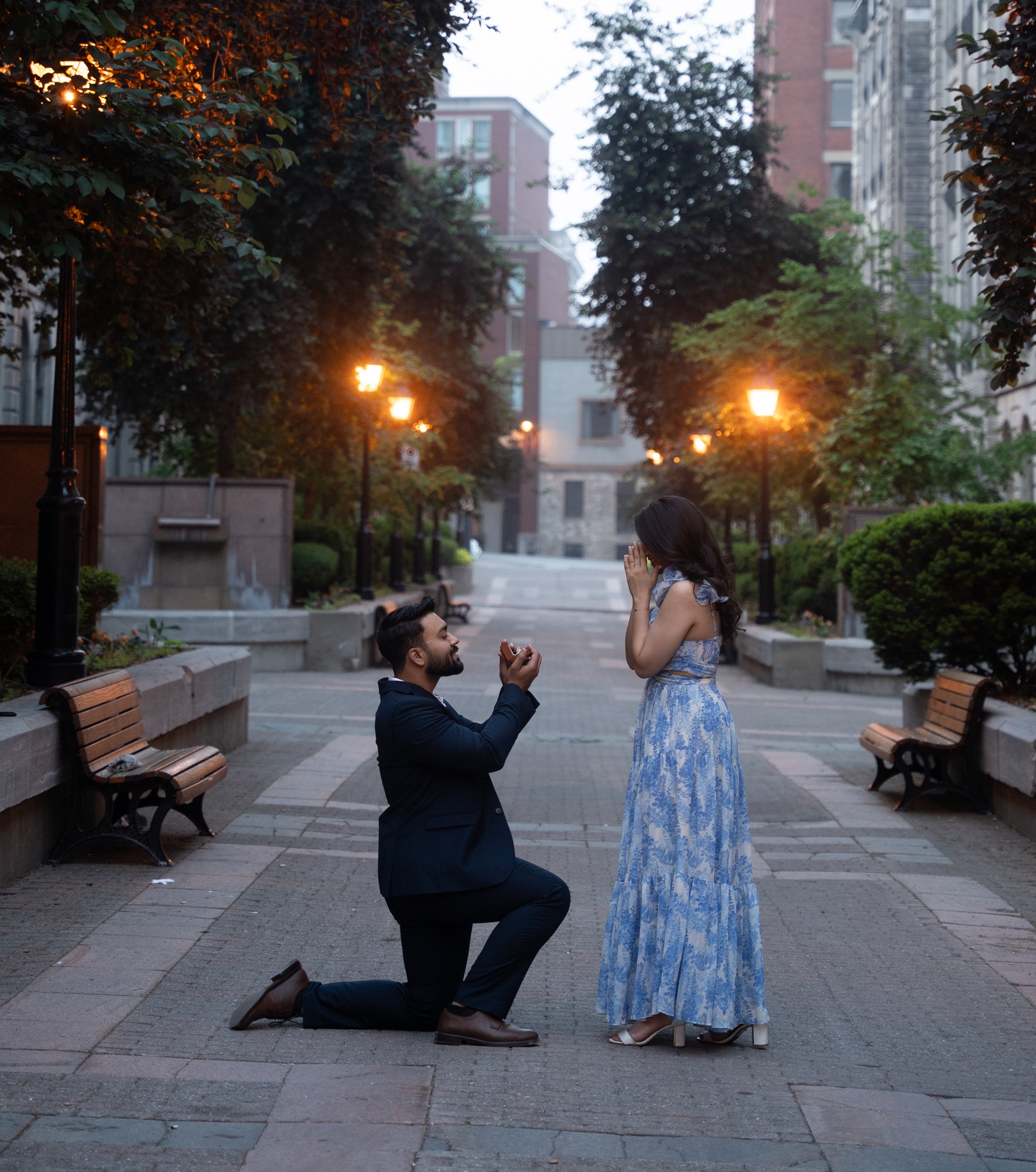 A couple sharing a proposal moment on a tree-lined city walkway.